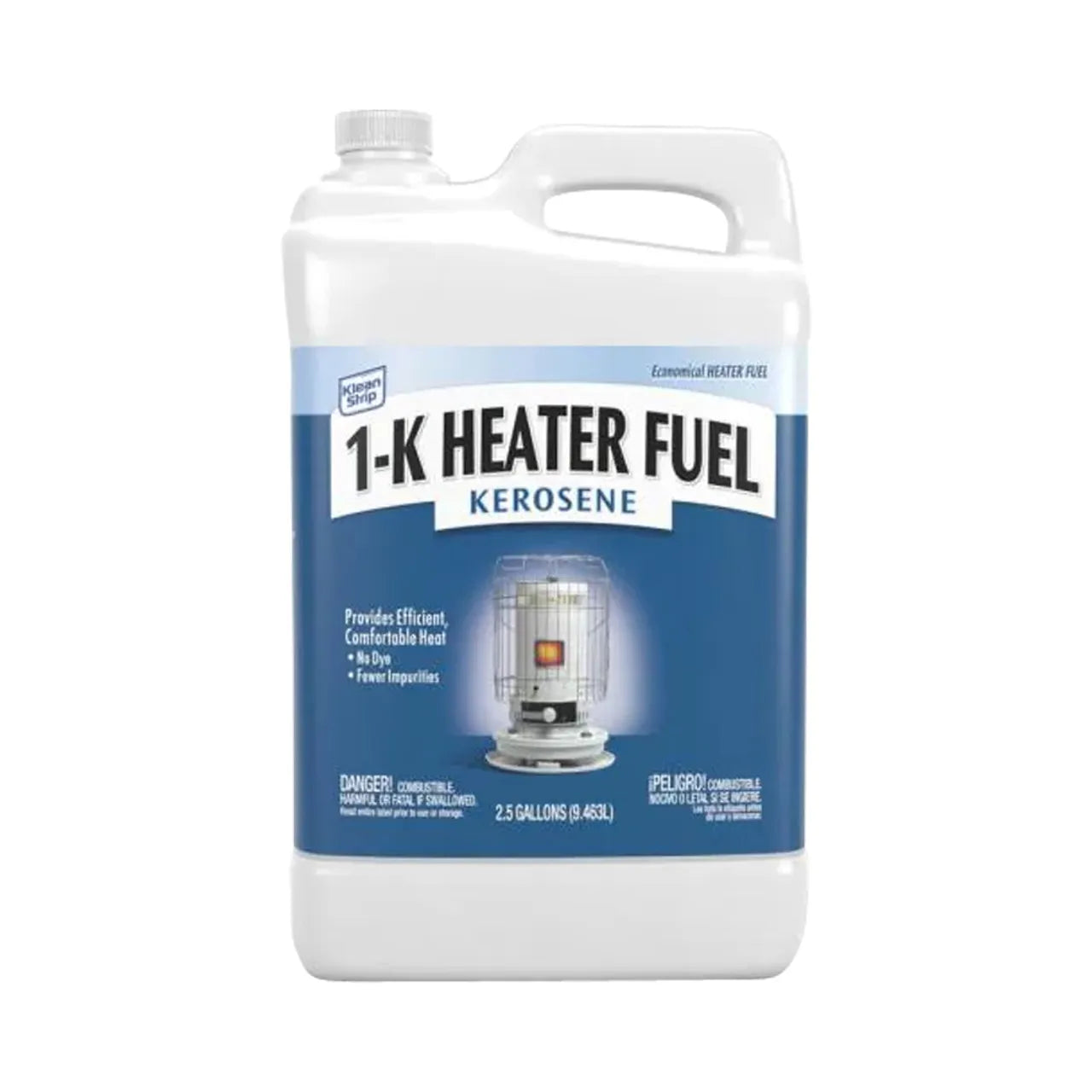 A white plastic 2.5-gallon container labeled Go Build 2.5 gal. Kerosene Heater Fuel, designed for use in kerosene-burning heaters to provide efficient and comfortable heat. Brand: Go Build, The Fastest Way To Build.
